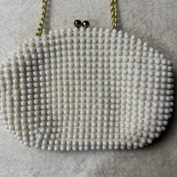 Vtg John Wind Beaded Purse White Handbag Chain Strap Clutch Wedding Art Deco MCM - Picture 4 of 5